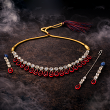 Gold Tone Red Stone Kundan Necklace Set with Matching Earrings & Maang Tikka