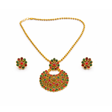 Royal Gold Finish Red & Green Stone Pendant Necklace Set with Earrings