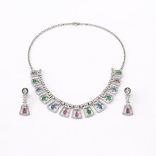 Silver Finish Multicolor American Diamond Necklace Set with Matching Earrings