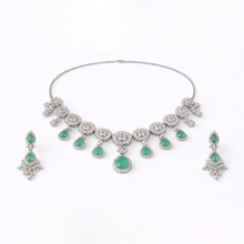 Luxury Silver Finish Green Teardrop Stone Choker Necklace Set with Earrings
