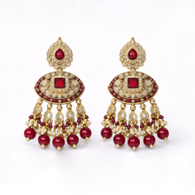 Royal Gold Finish Kundan Pearl Bridal Necklace Set with Red Beads