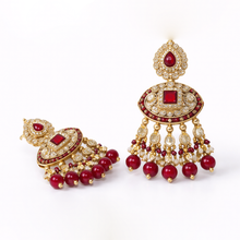 Royal Gold Finish Kundan Pearl Bridal Necklace Set with Red Beads