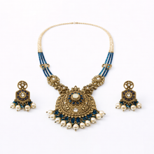 Gold Blue Kundan Pearl Traditional Necklace Set for Women