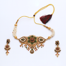 Antique Gold Temple Choker Necklace Set with Earrings