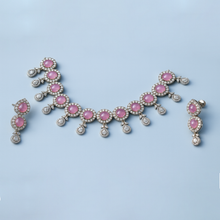 Pink Stone Silver Finish Choker Necklace Set with Earrings