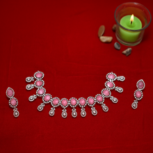 Pink Stone Silver Finish Choker Necklace Set with Earrings
