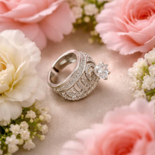 Silver-Tone Floral Filigree Crystal Statement Ring for Women