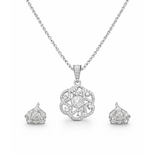 Silver-Tone Floral Filigree Pendant Necklace Set for Women