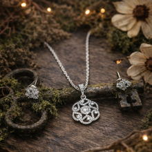 Silver-Tone Floral Filigree Pendant Necklace Set for Women