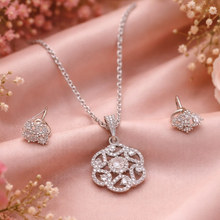 Silver-Tone Floral Filigree Pendant Necklace Set for Women