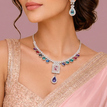 Multicolor Crystal Pendant Necklace Set with Earrings for Women