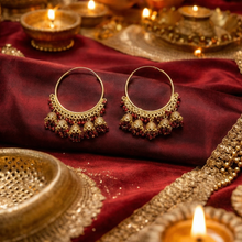 Gold-Tone Traditional Jhumka Hoop Earrings with Red Beads for Women