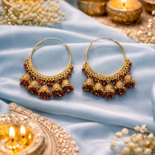 Gold-Tone Traditional Jhumka Hoop Earrings with Red Beads for Women