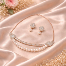 Rose Gold-Tone Pearl Crystal Necklace Set with Earrings for Women