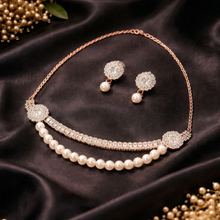 Rose Gold-Tone Pearl Crystal Necklace Set with Earrings for Women