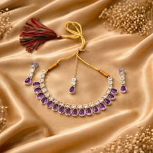 Purple Crystal Choker Necklace Set with Earrings & Maang Tikka for Women
