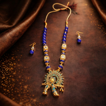 Blue Beaded Traditional Pendant Necklace Set with Earrings for Women