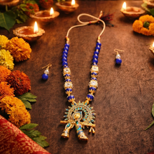 Blue Beaded Traditional Pendant Necklace Set with Earrings for Women