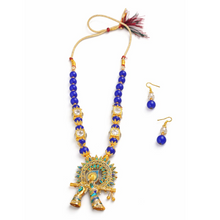 Blue Beaded Traditional Pendant Necklace Set with Earrings for Women