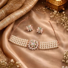Rose Gold-Tone Pearl Floral Choker Necklace Set with Earrings for Women