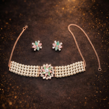 Rose Gold-Tone Pearl Floral Choker Necklace Set with Earrings for Women
