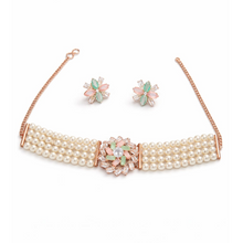 Rose Gold-Tone Pearl Floral Choker Necklace Set with Earrings for Women