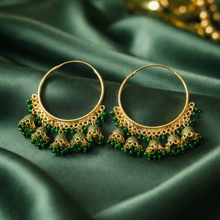 Gold-Tone Traditional Jhumka Hoop Earrings with Green Beads for Women