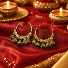 Gold-Tone Traditional Jhumka Hoop Earrings with Green Beads for Women