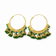 Gold-Tone Traditional Jhumka Hoop Earrings with Green Beads for Women