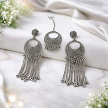 Oxidised Silver Boho Earrings with Maang Tikka Set for Women