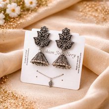 Oxidised Silver Floral Jhumka Earrings for Women