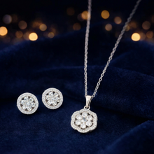 Silver-Tone Floral Crystal Pendant Necklace Set with Earrings for Women