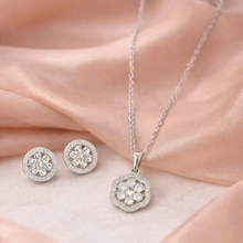 Silver-Tone Floral Crystal Pendant Necklace Set with Earrings for Women