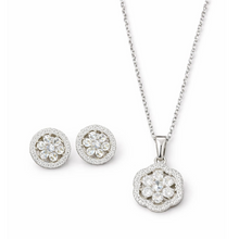 Silver-Tone Floral Crystal Pendant Necklace Set with Earrings for Women