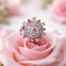Pink Floral Halo Crystal Statement Ring for Women