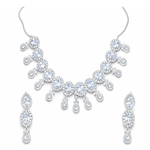 Royal Silver Tone American Diamond Statement Necklace Set with Drop Earrings