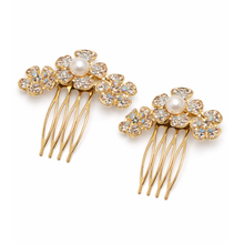 Gold Tone Floral Pearl & Crystal Hair Comb Set (Pair)