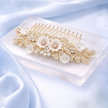Gold Floral Pearl & Crystal Bridal Hair Comb for Women