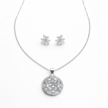 Silver Tone Crystal Round Pendant Necklace Set with Matching Stud Earrings