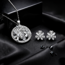 Silver Tone Crystal Round Pendant Necklace Set with Matching Stud Earrings