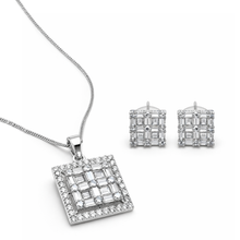 Luxury Silver Square Crystal Pendant Necklace Set with Earrings