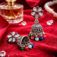 Oxidized Silver Floral Jhumka Earrings with Red Stones & Multicolor Beads