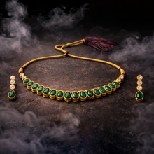 Gold Tone Green Stone Kundan Necklace Set with Matching Earrings & Maang Tikka