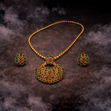 Royal Gold Finish Red & Green Stone Pendant Necklace Set with Earrings