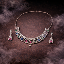 Silver Finish Multicolor American Diamond Necklace Set with Matching Earrings