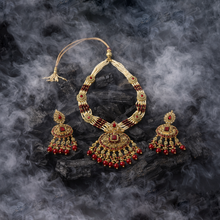 Royal Gold Finish Kundan Pearl Bridal Necklace Set with Red Beads