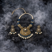 Gold Blue Kundan Pearl Traditional Necklace Set for Women