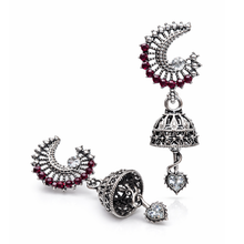 Oxidised Silver Red Stone Jhumka Earrings – Premium Artificial Jewellery