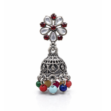 Oxidized Silver Floral Jhumka Earrings with Red Stones & Multicolor Beads