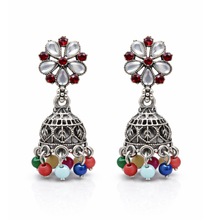 Oxidized Silver Floral Jhumka Earrings with Red Stones & Multicolor Beads